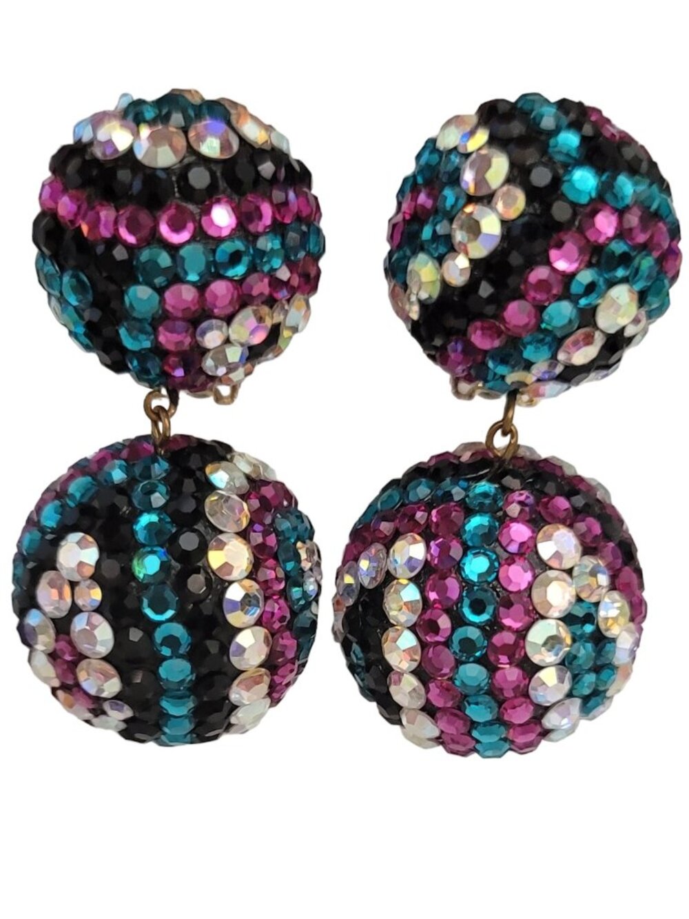James Arpad Encrusted Multicolor Rhinestone Sequin Ball Dangle Earrings, Signed